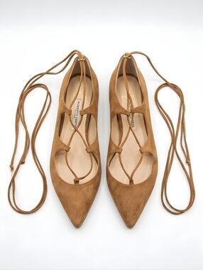 Roberto Festa Milano Nude Pointed Suede Ankle Lace Flat Loafers